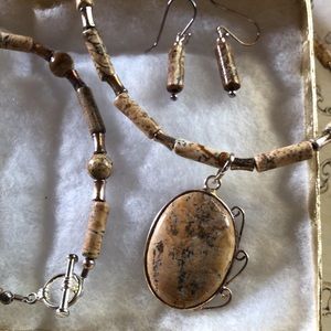 Handmade handcrafted picture jasper bead necklace with bracelet & earrings NEW